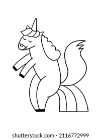 Coloring page illustration with unicorn pooping rainbow. Fun horse drawing.