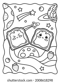 Coloring Page Kawaii. Toast With Jam In Space, Planets. Coloring Book. Black And White Illustration.