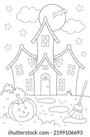 coloring page for kids   adults halloween castle  black   white design and pumpkin  broom   more fun shapes  you can print it standard a4 paper