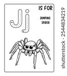Coloring page for kids, cute cartoon jumping spider with the text "J IS FOR SPIDER" on a white background, in the style of a coloring book illustration