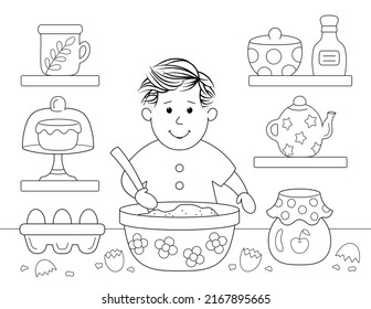 Coloring Page For Kids. Cute Design Of A Little Boy Cooking In The Kitchen, Mixing The Ingredients In A Bowl Learning Home Baking. You Can Print It On Standard 8.5x11 Inch Paper