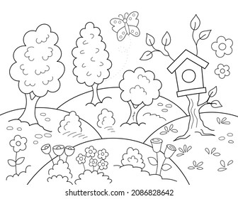 coloring page for kids, spring garden with flowers, trees, a birdhouse and many nature shapes to color. you can print it on an 8.5x11 inch page