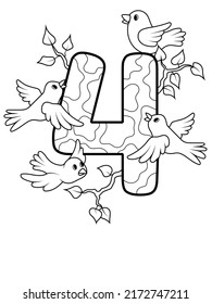 Coloring Page - Numbers. Education And Fun For Childrens. Printable Sheet - 4 Four And Birds