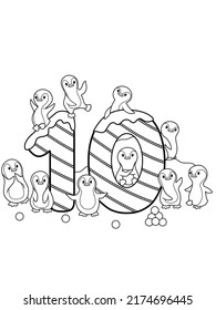 Coloring Page - Numbers. Education And Fun For Childrens. Printable Sheet - 10 Ten And Penguins.