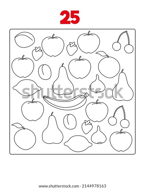 Coloring page - Numbers. Education and fun for\
children\'s. Baby first numbers - Colorize and count. Number 25,\
twenty five,\
fruit.