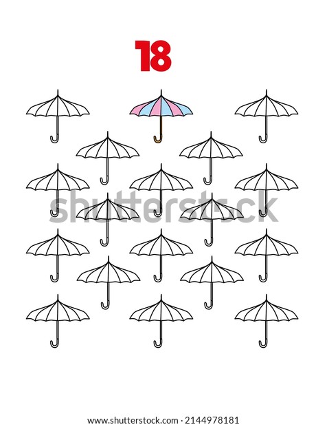 Coloring page - Numbers. Education and fun for\
children\'s. Baby first numbers - Colorize and count. Number 10\
eighteen,\
umbrellas.