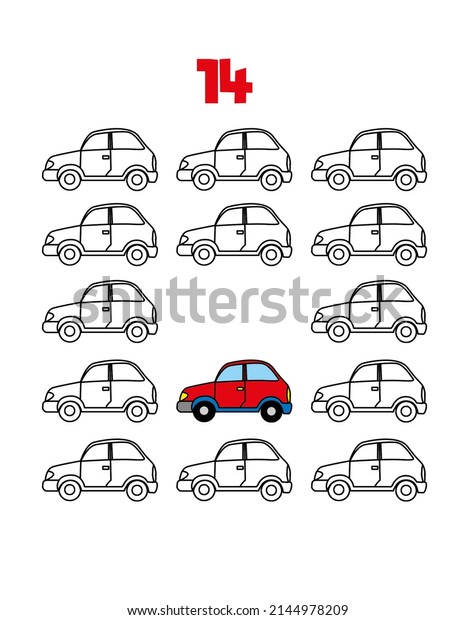 Coloring page - Numbers. Education and fun for\
children\'s. Baby first numbers - Colorize and count. Number 14\
fourteen, cars.