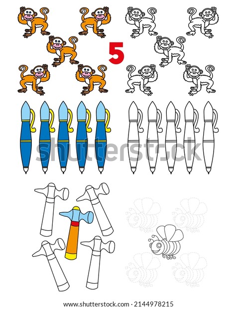 Coloring page - Numbers. Education and fun for\
children\'s. Baby first numbers - Colorize and count. Number 5 five,\
monkeys, hammers,\
bees.