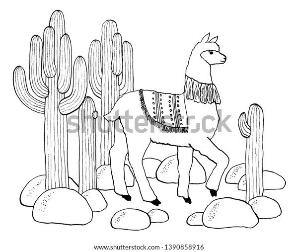 Coloring Page Outline Cartoon Lama Cactus Stock Illustration 1390858916