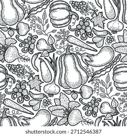 Coloring page pattern, hand drawn vegetables, doodle, black and white. Seamless floral pattern-924.