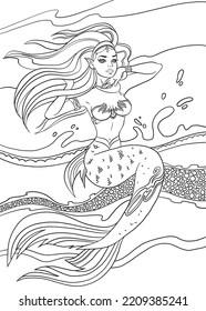 Coloring Page With Pretty Mermaid. Line Art Design For Adults Or Children Coloring In Doodle Style.