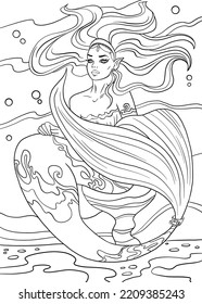 Coloring Page With Pretty Mermaid. Line Art Design For Adults Or Children Coloring In Doodle Style.