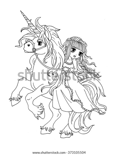 coloring page princess on unicorn stock illustration 373105504