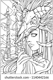 Coloring Pages Adults Girl Shaman Flute Stock Illustration 1140442166 ...