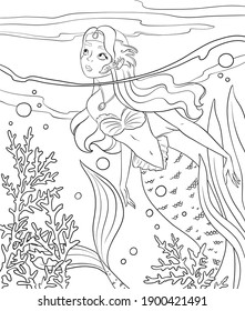 Coloring Pages With Mermaid. Line Art Design For Adults Or Children Coloring In Doodle Style.