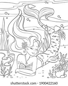 Coloring Pages With Mermaid. Line Art Design For Adults Or Children Coloring In Doodle Style.