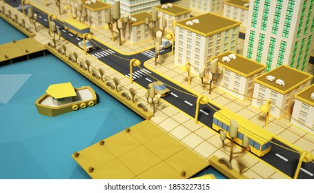 Colorise toy low poly city 3d render on blue 