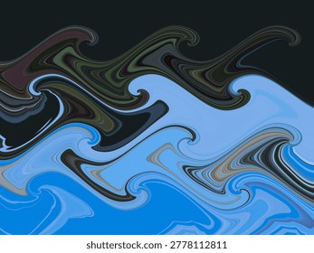 Colors blend to create waves and patterns that flow in blue and black tones. The design shows movement and fluidity without clear shapes, evoking a sense of abstraction.