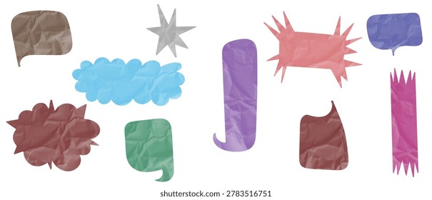 colors featuring assorted crumpled paper speech bubbles and starburst shapes in earthy and bright colors keywords:...