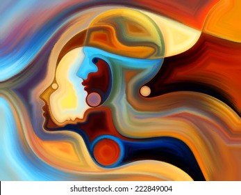 Colors Of The Mind Series. Backdrop Of Elements Of Human Face, And Colorful Abstract Shapes On The Subject Of Mind, Reason, Thought, Emotion And Spirituality