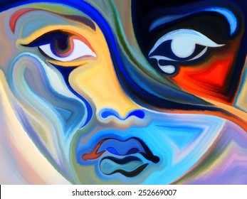 Colors Of The Mood Series. Abstract Arrangement Of Elements Of Human Face, And Colorful Abstract Shapes Suitable As Background For Projects On Mind, Reason, Thought, Emotion And Spirituality