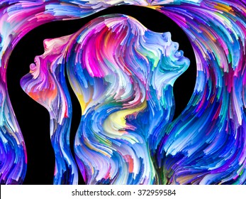 Colors In Us Series. Abstract Design Made Of Human Profiles And Swirls Of Colorful Paint On The Subject Of Emotion, Passion, Desire, Feelings, Inner World, Imagination And Creativity