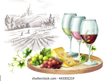 Colors of wine and landscape watercolor