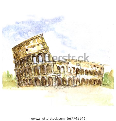 The Colosseum, Italy, architecture watercolor