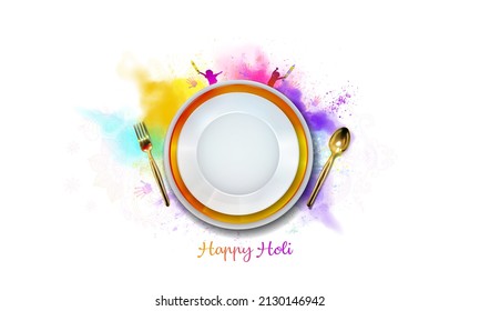 Colouful Splash Of Holi Festival Gulal Background And Food Plate For Holi Festive Food Meal Offer Creative