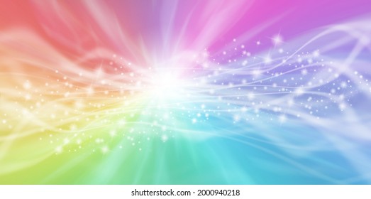 Colour healing energy flow sparkle banner - Radiating graduated rainbow colour background with flowing white lines and sparkles through the centre and a white central burst of light 
