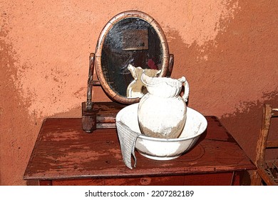 Colour Painting Of Vintage Washing Bowl And Jug On Wooden Dresser With Mirror