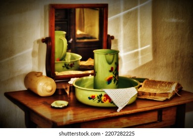 Colour Painting Of Vintage Washing Bowl, Jug And Bible On Wooden Dresser With Mirror