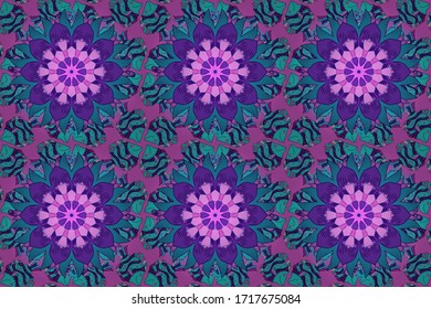 Colour Spring Theme seamless pattern Background. Flat Flower Elements Design. Nice flower raster pattern. Flowers on pink, violet and blue colors.