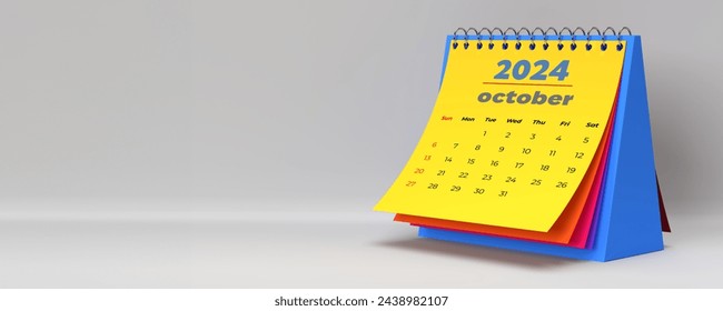 Colourful 2024 October spiral monthly desk calendar. 3D rendered horizontal page on white background with copy space. Set of 12 month layouts. Week starts with Sunday. Weekends marked in red. - Powered by Shutterstock