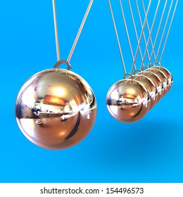 A Colourful 3d Rendered Newtons Cradle Illustration Against A Blue Background