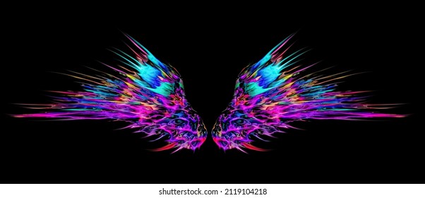 Colourful abstract wings. Psychedelic demon or angel wings. Isolated on black background. Psytrance design