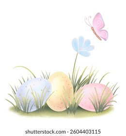 Colourful Easter eggs on the grass. Flowers and butterflies. Cute cartoon illustration. Happy Easter card. Spring holidays