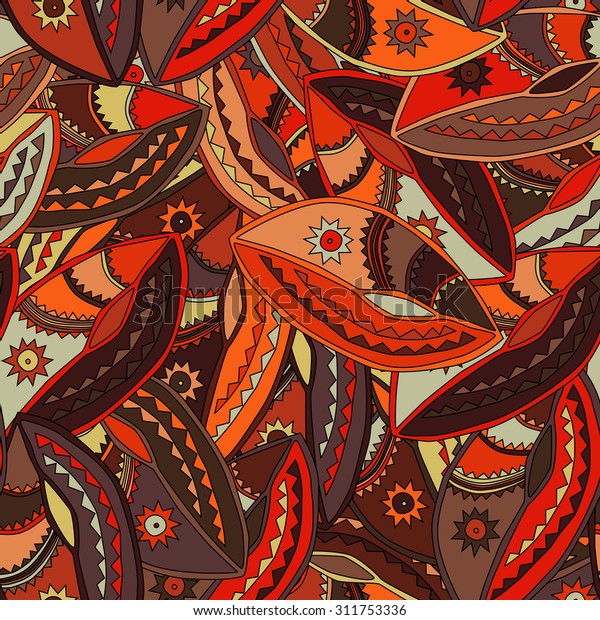 Colourful ethnic pattern\
in earth tones with motifs of a dance shield of the Kikuyu people\
of central\
Kenya.