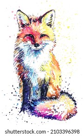 Colourful Fox Sitting Watercolour Splashes Painting