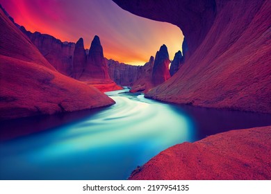 Colourful Mountain Canyon River Sunset, Beautiful Outdoor Landscape Background, 3d Render, 3d Illustration