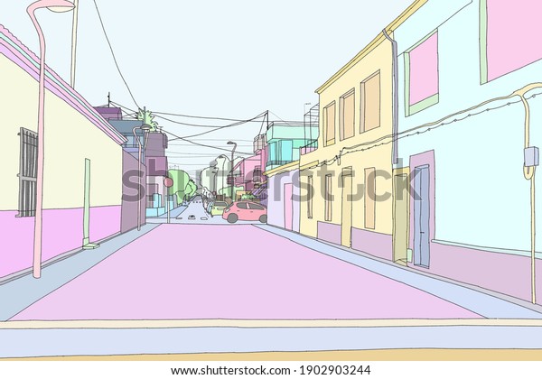 Colourful pastel town street drawing with cars,\
overhead cables, streetlights and\
trees