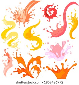 Colourful Splash, Burst And Spiral Flowing Fluid Design Element. Colored Paint Fruit, Berry Splashing Juice Or Pouring Jam Different Flavor Illustration Isolated Set On White Background