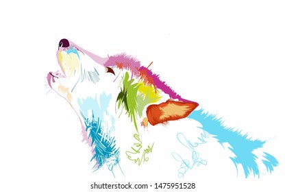 Colourful wolf howling in a white background