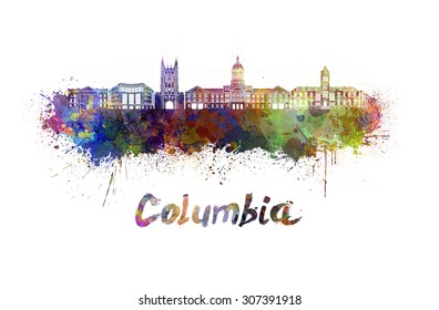 Columbia MO Skyline In Watercolor Splatters With Clipping Path