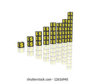 column chart made of 3D cube with dollar symbol