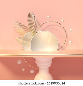 Column Pedestal And Niche. Palm Trees Leaves Gold Glitter. 3d Render Illustration. Podium For Brand Promotion Product. Creative Background For Advertising Presentation. Stand Base Mockup.