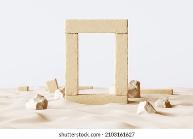 Column pillar sandstone archaeological site frame rough texture product display stand shards waves hot desert theme stone rocks. platform fashion cosmetics or skincare. clipping path. 3D Illustration.