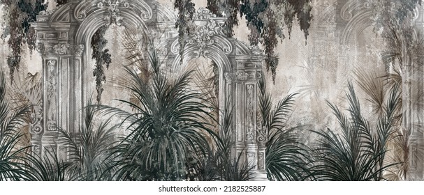 
Columns In The Tropics On A Textured Background In A Watercolor Style Photo Wallpaper In The Interior