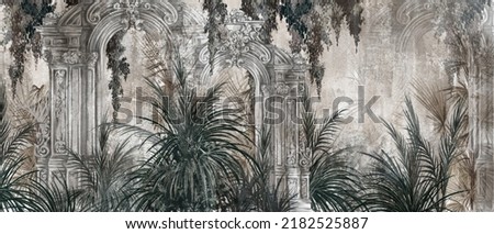 
columns in the tropics on a textured background in a watercolor style photo wallpaper in the interior