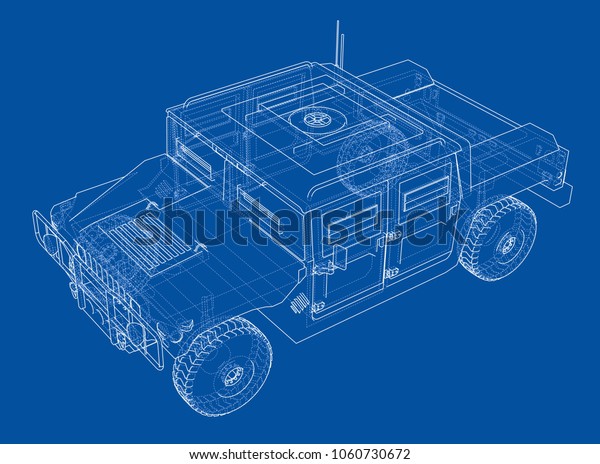 Combat\
car blueprint. 3d illustration. Wire-frame\
style